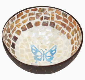 COCONUT BOWL WITH MOTHER OF PEARL INLAY & AQUA BUTTERFLY