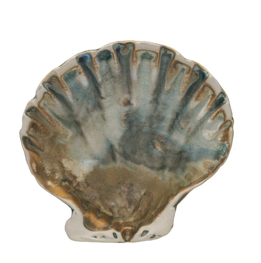 STONEWARE SHELL SHAPED DISH GREEN/BROWN
